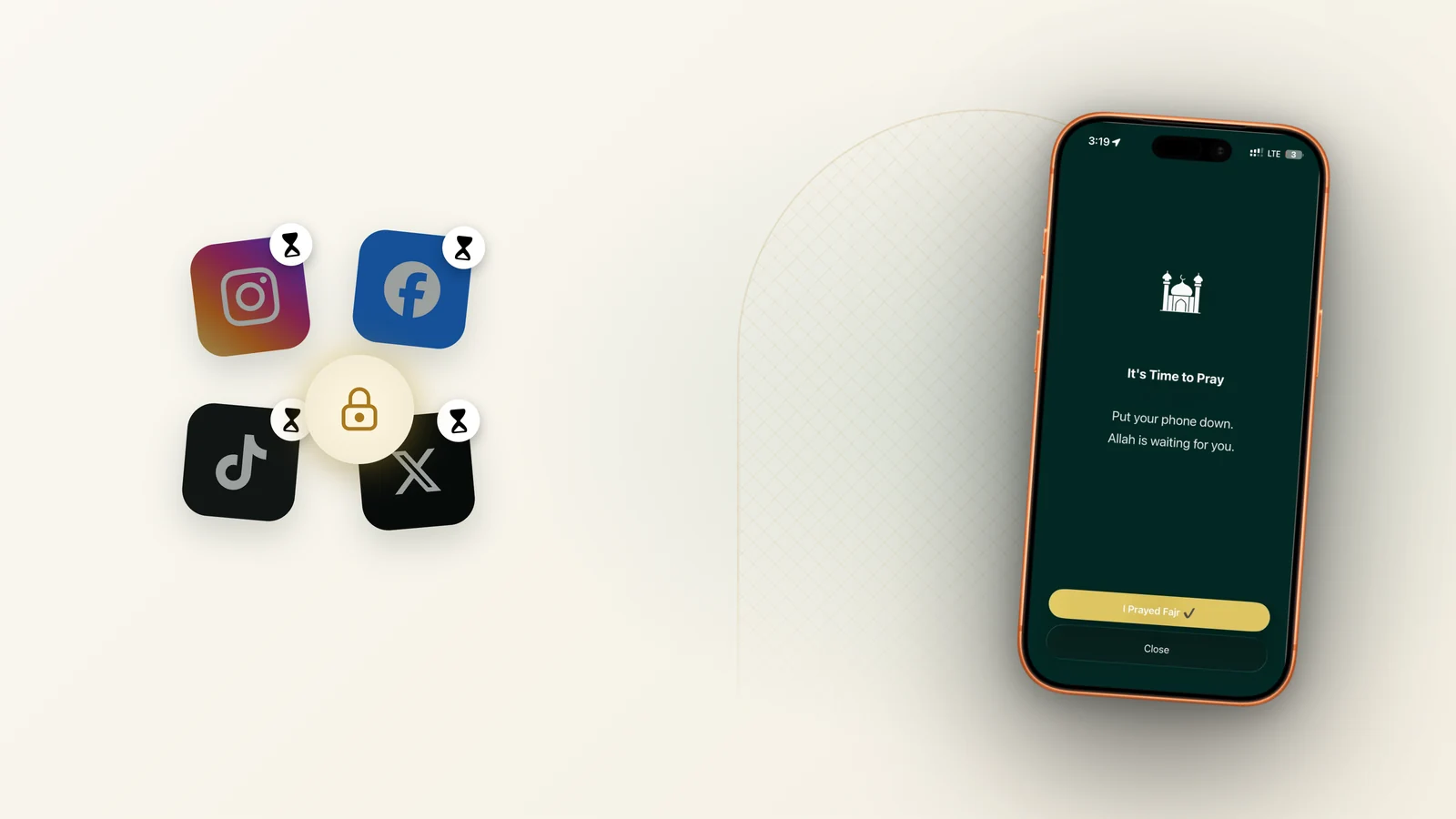 Social apps Instagram, TikTok and X sealed under a gold padlock beside an iPhone showing the Athanify prayer reminder, It's Time to Pray, Allah is waiting for you