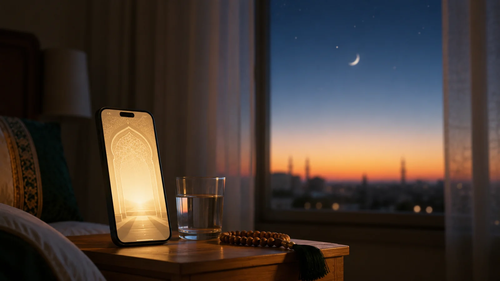 A phone on a bedside table before dawn showing a Fajr alarm, with a soft amber sunrise and a minaret silhouette on the horizon