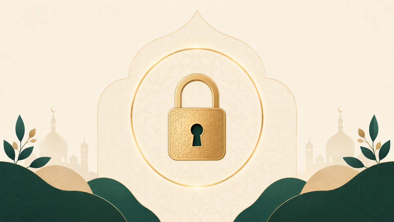 A smartphone with a glowing gold shield and padlock on a calm cream background