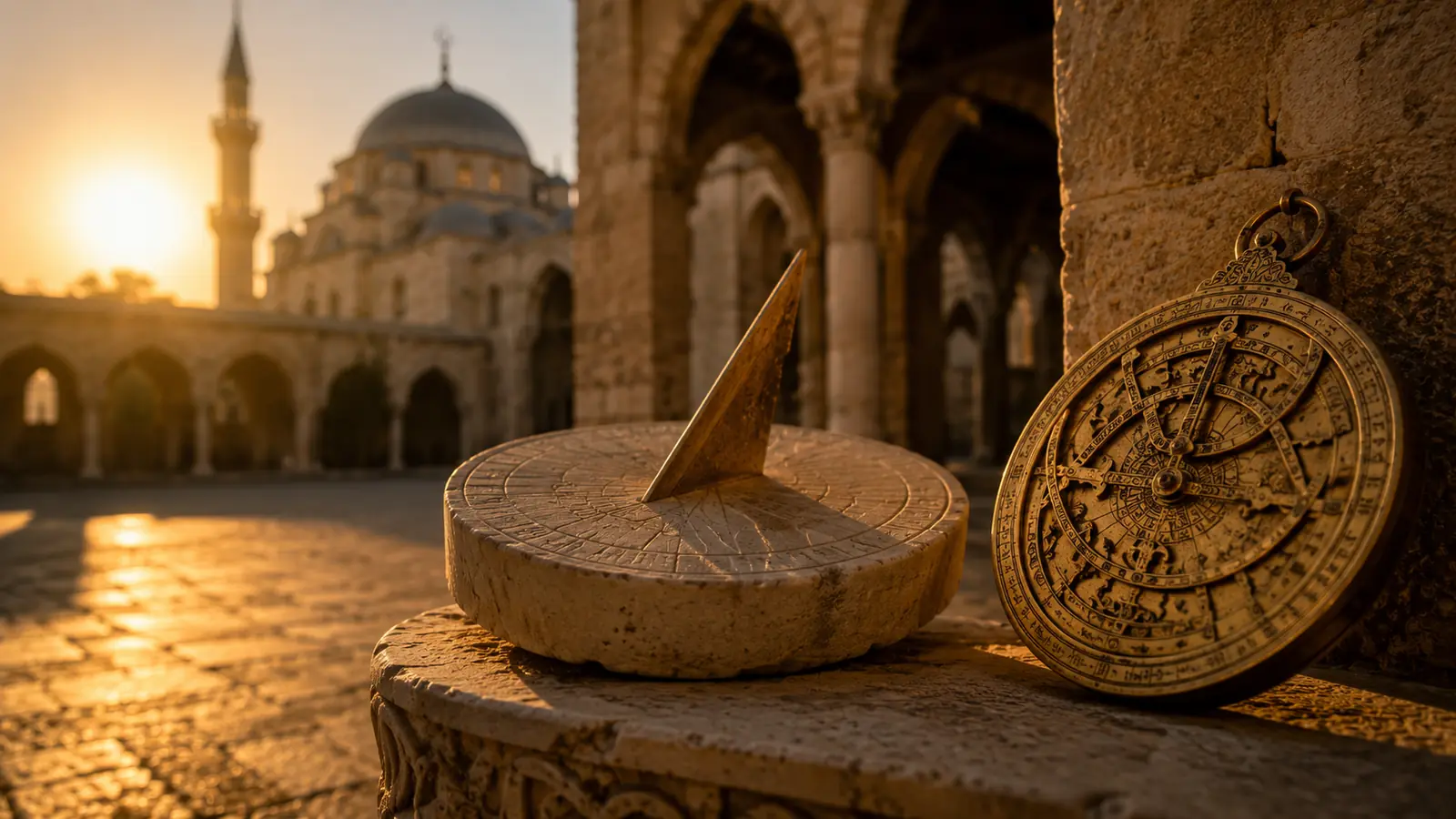 A stone sundial and an ornate brass astrolabe in a sunlit mosque courtyard at golden hour, with a minaret behind