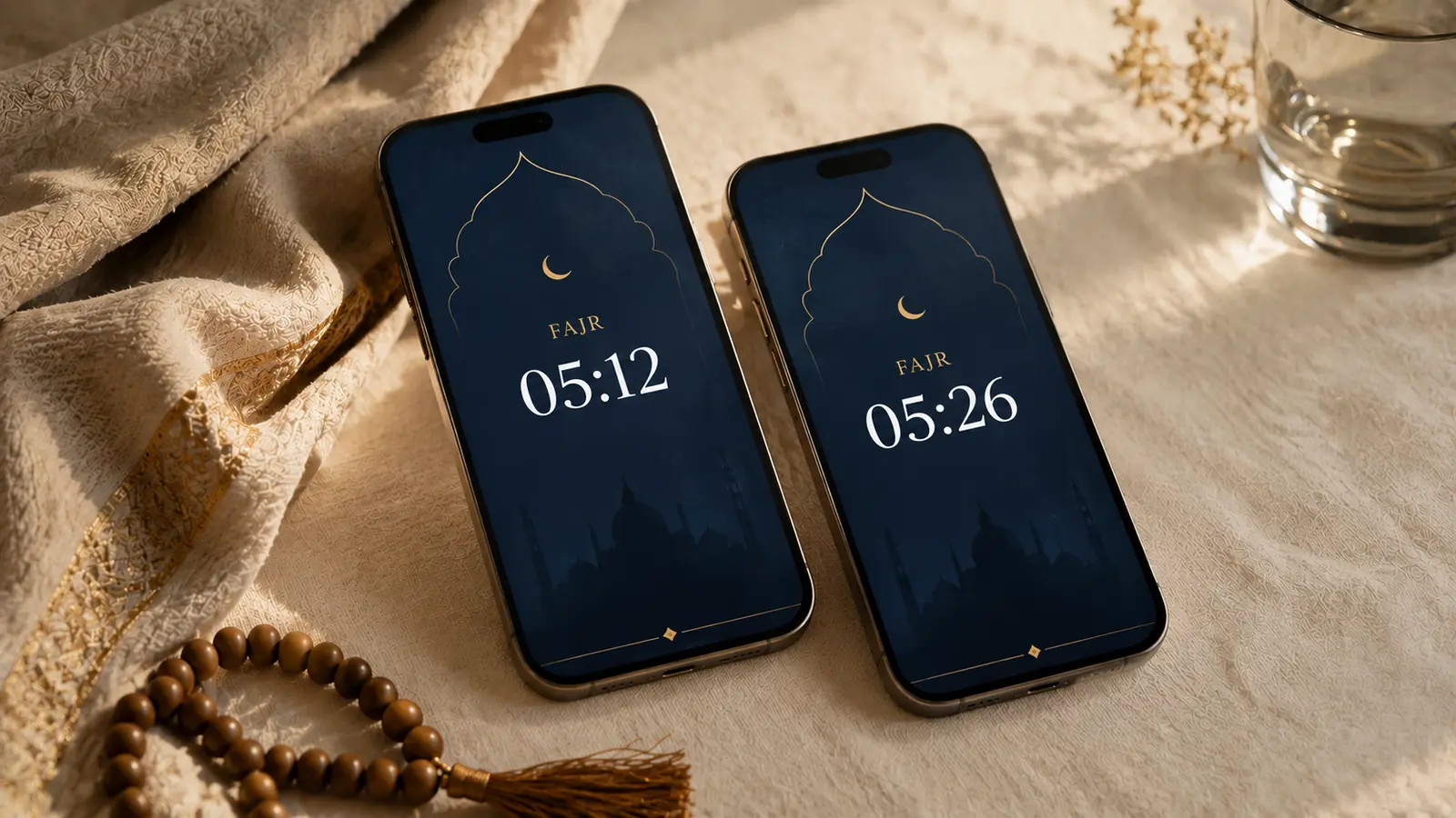 Two iPhones side by side on a cream cloth with prayer beads, both showing the Fajr prayer but at slightly different times, 05:12 and 05:26