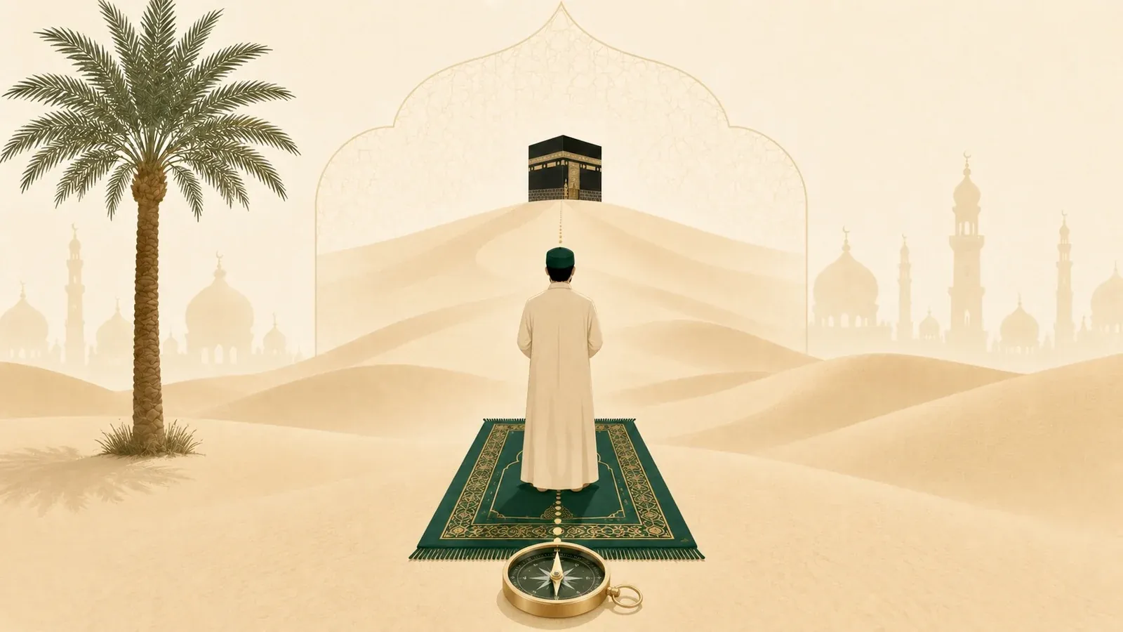 A Muslim man on a prayer mat facing the Kaaba in the distance, with a compass and a dotted gold line marking the direction across a calm desert