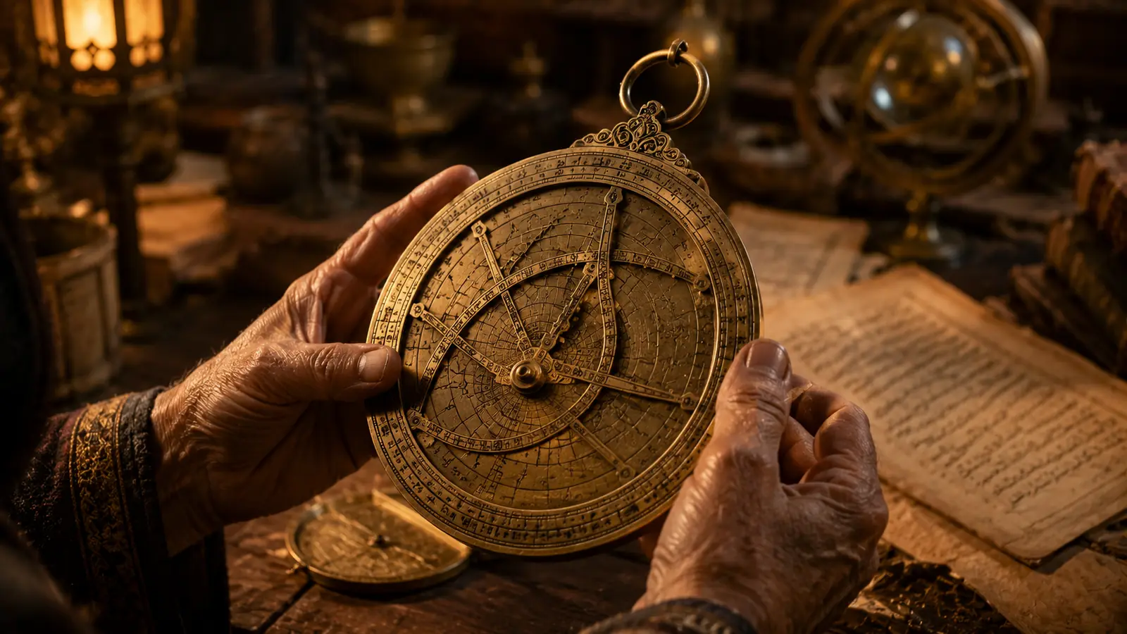The hands of a scholar holding an ornate brass astrolabe by lamplight, with old manuscripts and brass instruments around