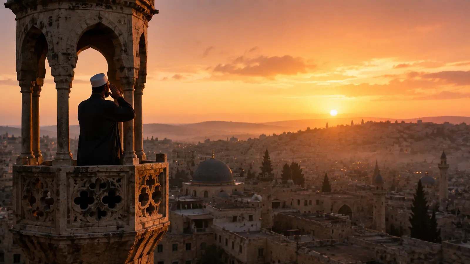 A muezzin calling the adhan from the balcony of a stone minaret at sunset, overlooking an old city of domes and rooftops