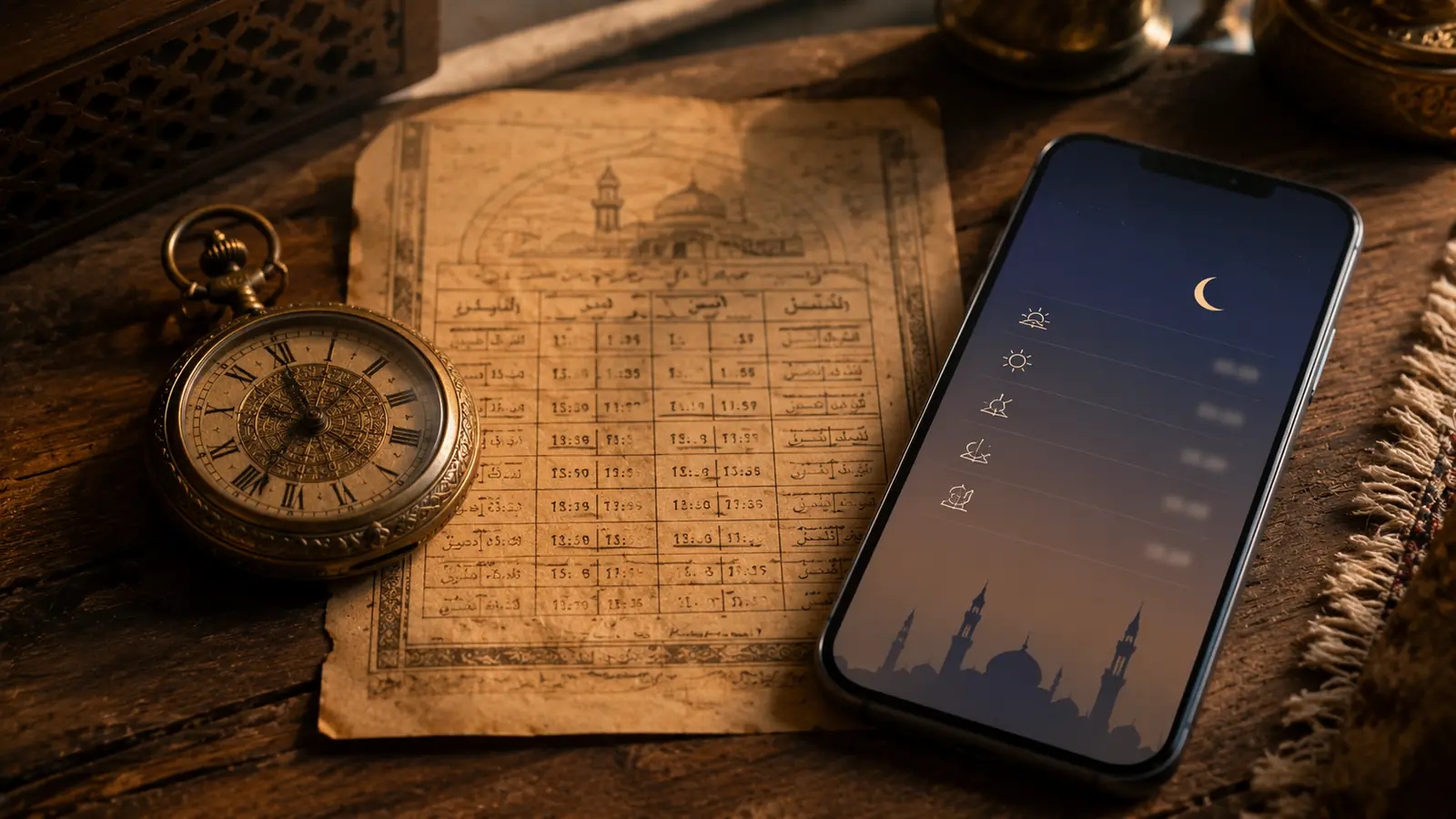 An antique brass pocket watch and a yellowed printed Arabic prayer timetable resting beside a modern smartphone showing prayer times, on a warm wooden table