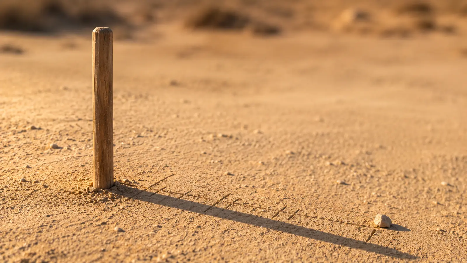 A wooden stick standing upright in sand casting a long shadow in warm light, with faint measurement marks scratched in the sand