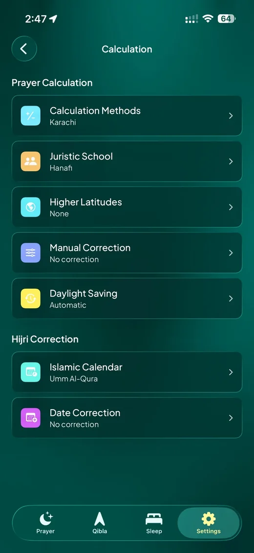 The Athanify calculation settings screen showing the calculation method, juristic school and higher latitude options