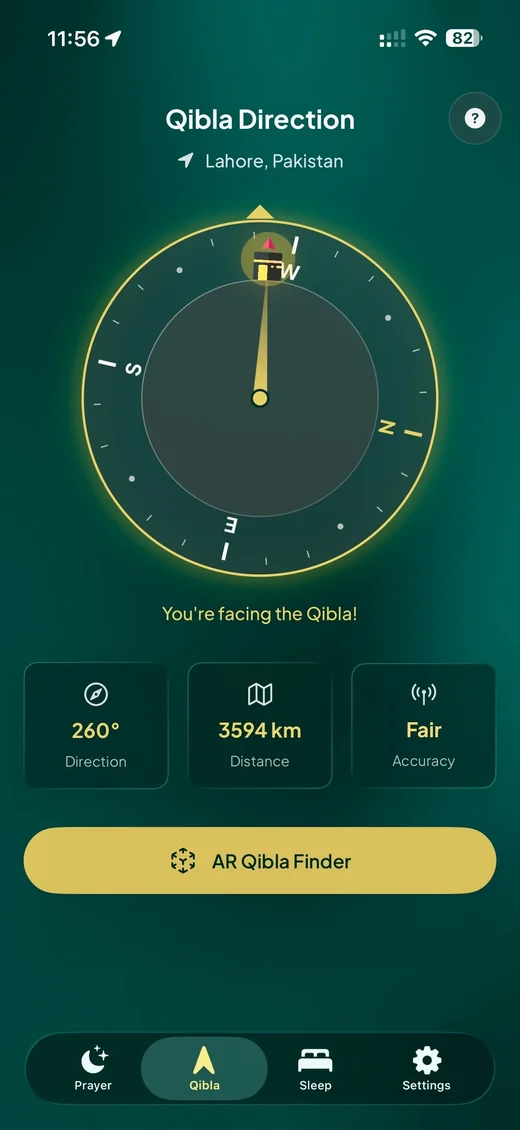 The Athanify Qibla compass with a gold needle pointing to the Kaaba, showing the direction, distance and accuracy