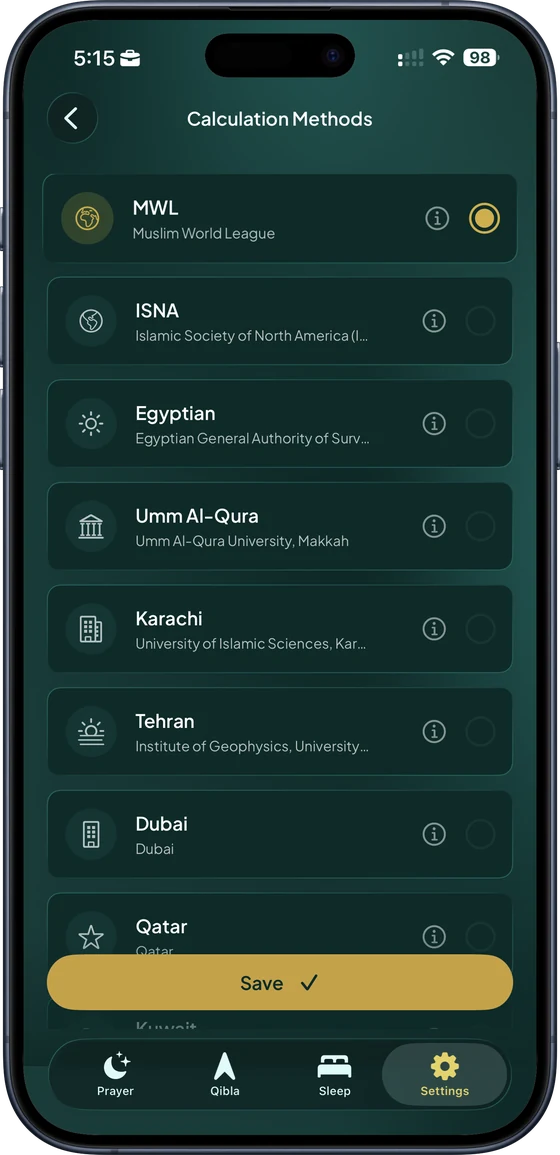 The Athanify calculation method list showing MWL, ISNA, Egyptian, Umm Al-Qura, Karachi, Tehran, Dubai and Qatar