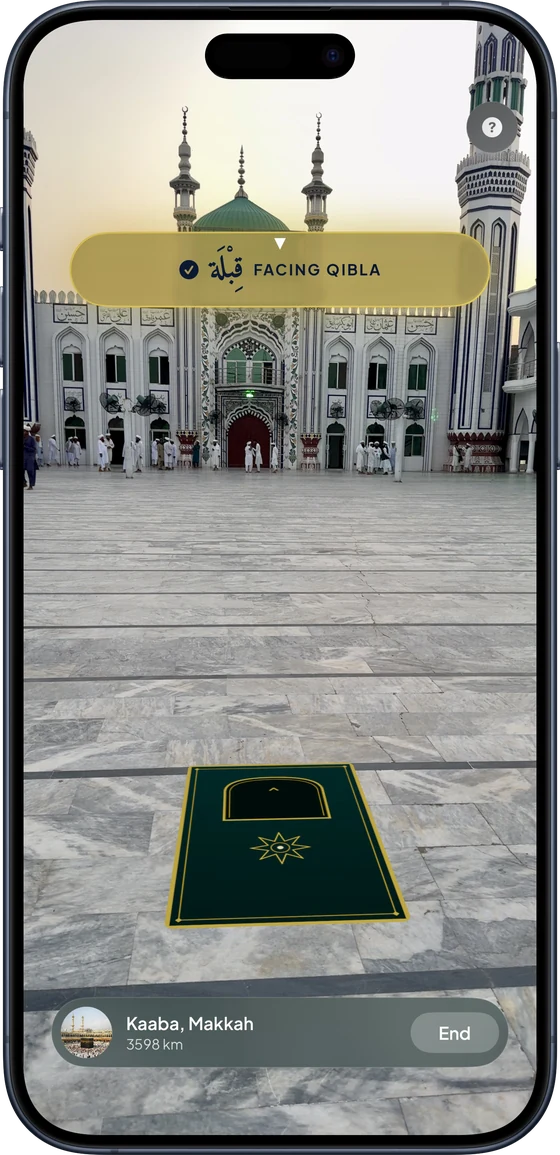 The Athanify AR Qibla finder placing a prayer mat on the floor in the direction of Makkah