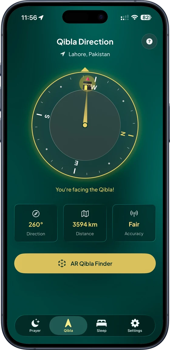 The Athanify Qibla compass showing the bearing and distance to Makkah